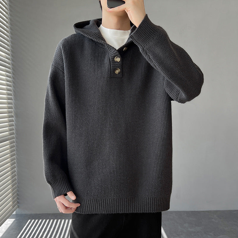 Men's knitted sweater with button placket and hood Lune London