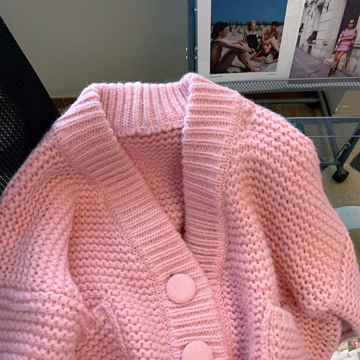 Knit jacket for women with deep V-neckline and large button details Lune London