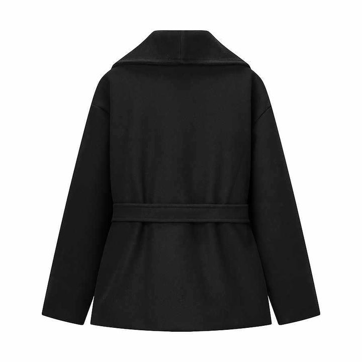 Women elegant wool coat with wide lapels and belt at the waist Lune London