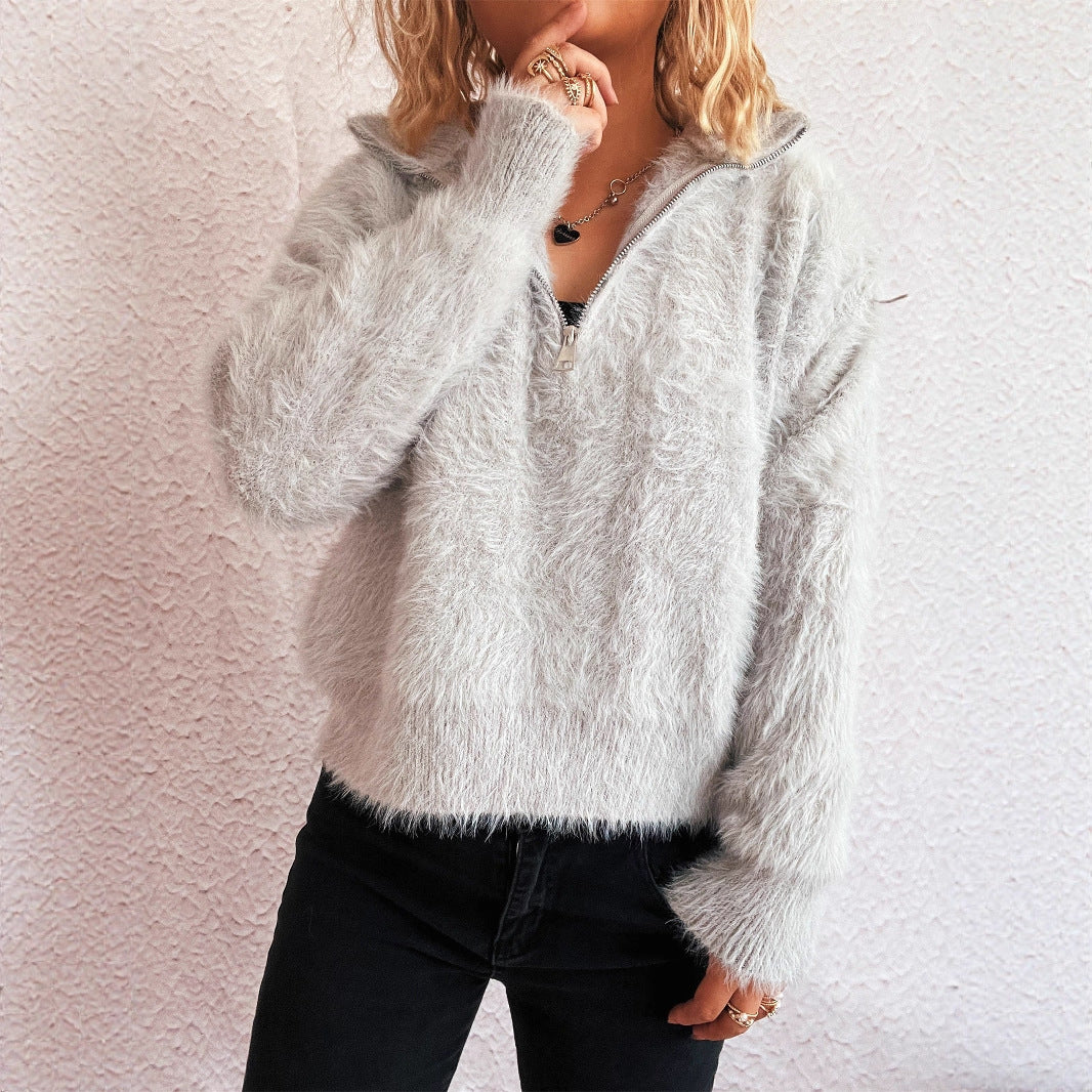 Pull confortable pour femme avec col haut et fermeture éclair Chic & Stil