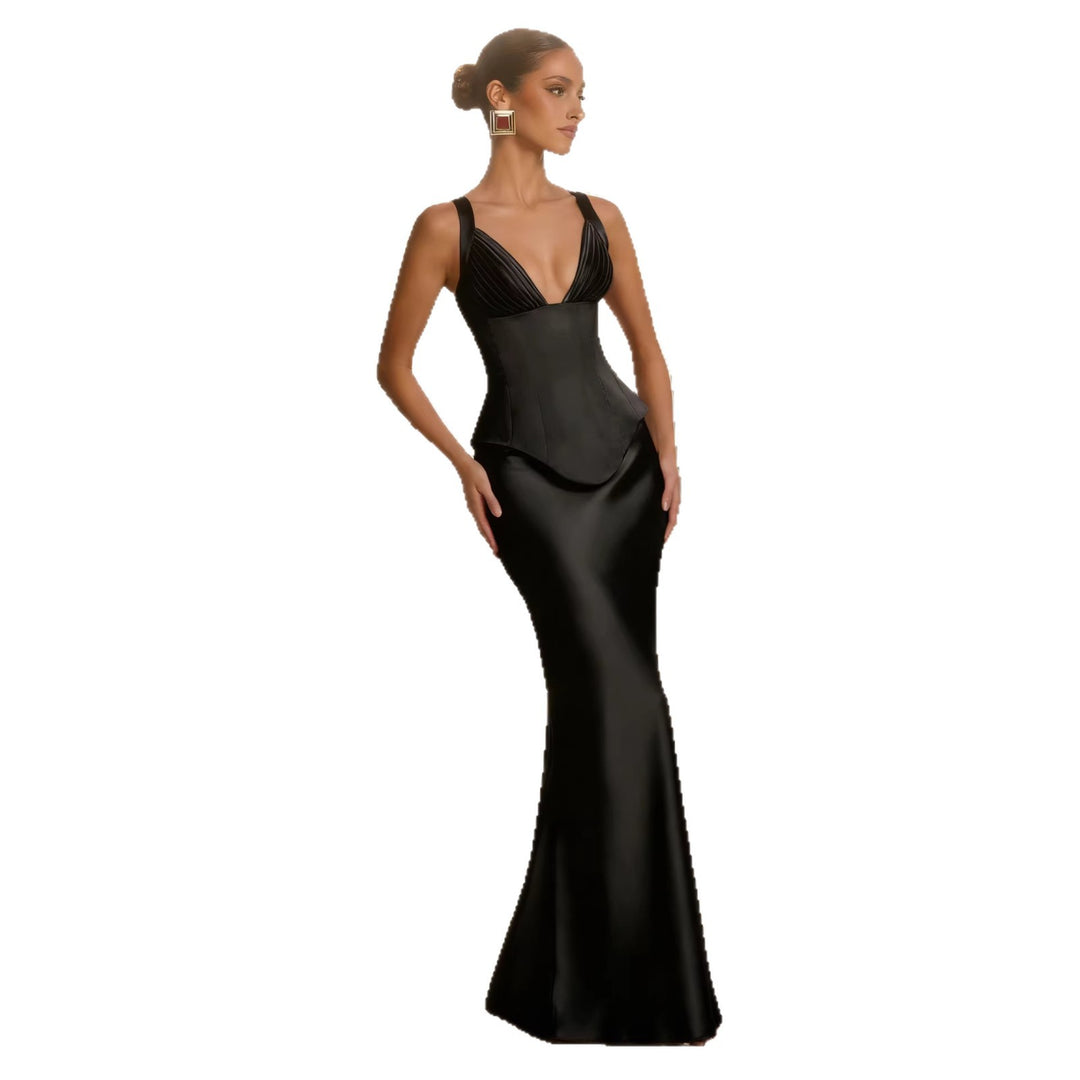 Women's Elegant Evening Dress with Figure-Shaping Design and Deep V-Neck