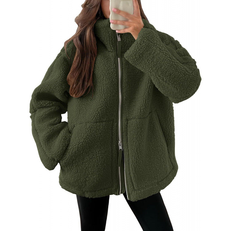 Ladies Cozy Teddy Fur Jacket with High Collar and Zipper Lune London