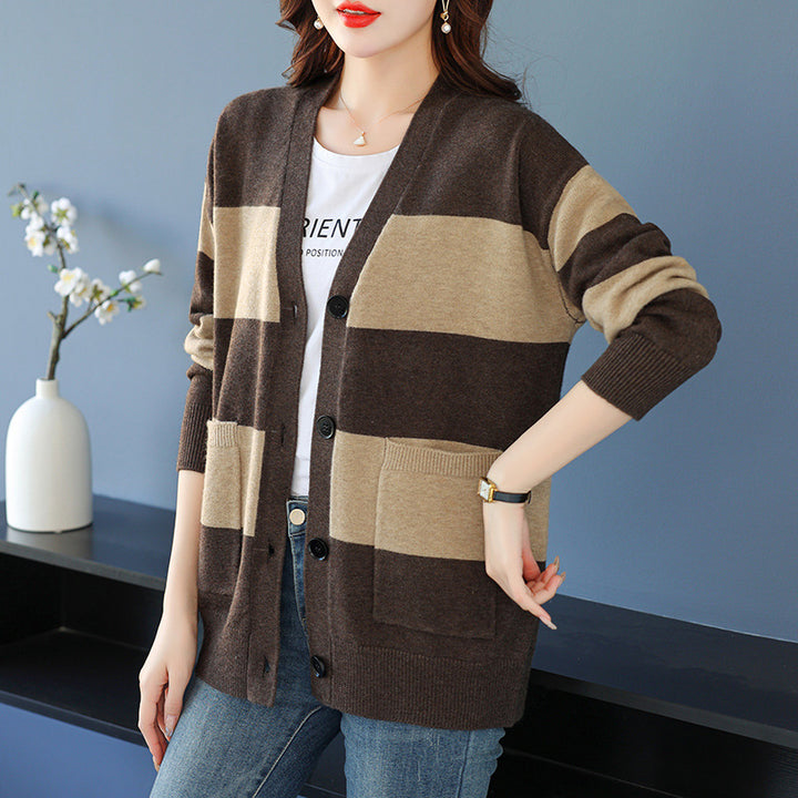Ladies casual cardigan with wide stripes and patch pockets Lune London