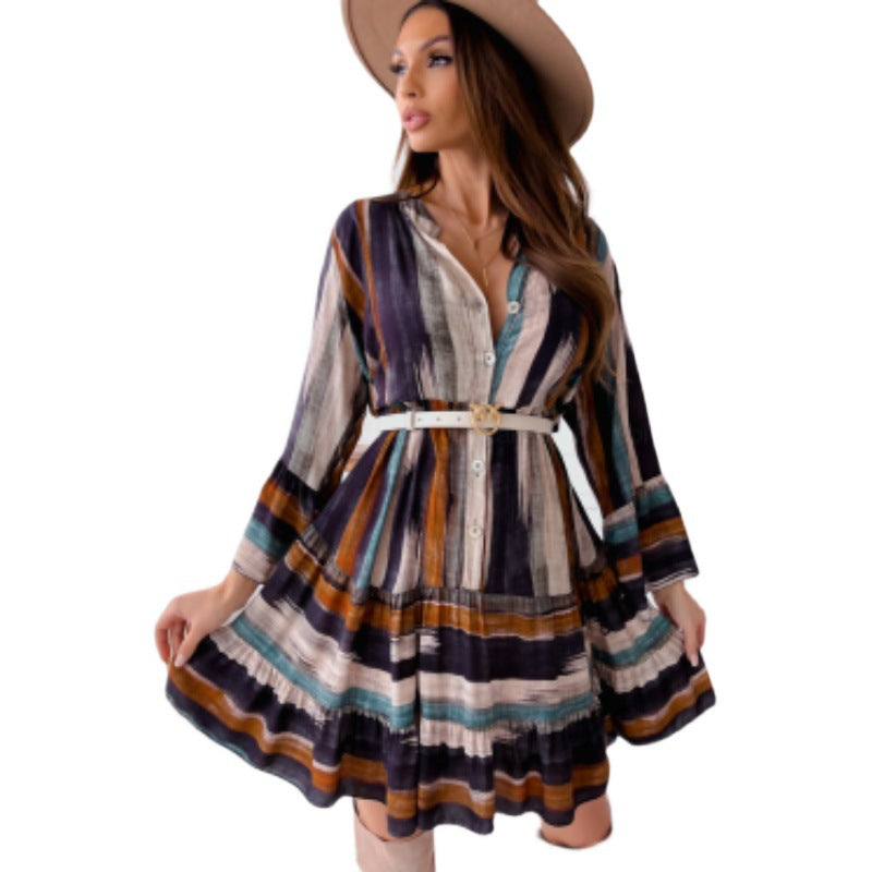 Striped A-line mini dress for women with belt Lune London