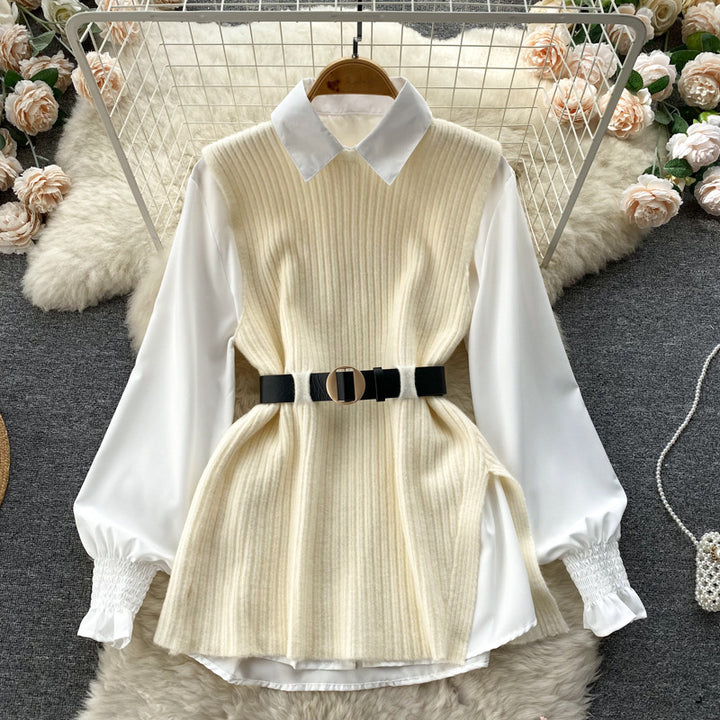 Fashion knitted cardigan for women with an elegant shirt underneath Lune London