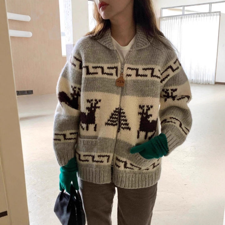 Women's knit jacket with a striking reindeer pattern and high-quality finish Lune London
