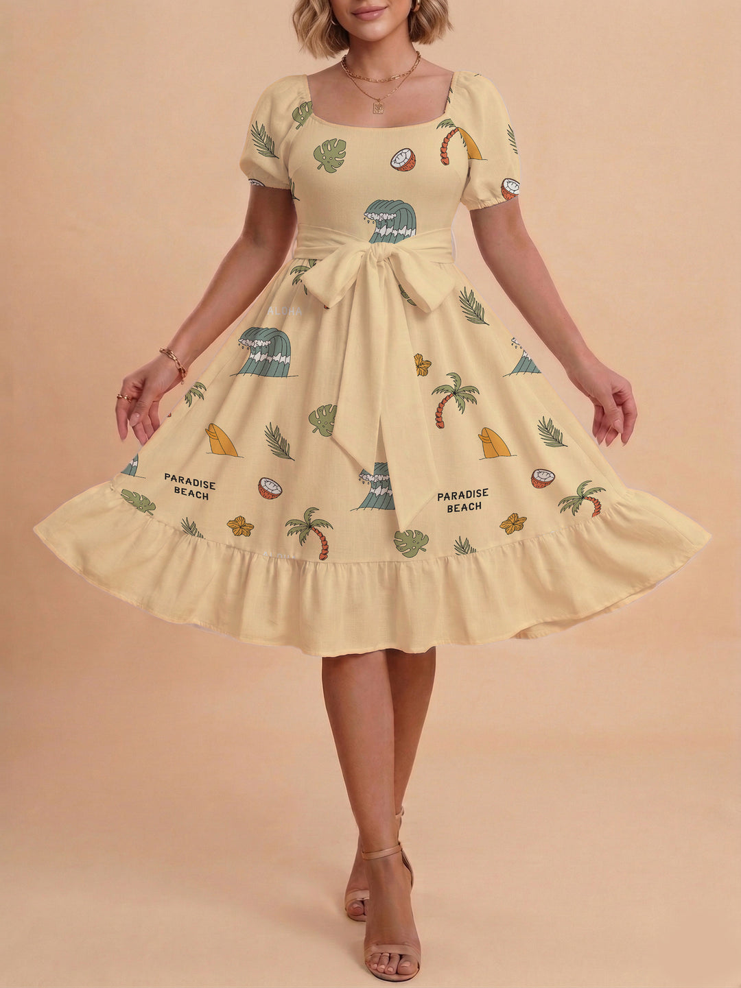 Women A-line dress with floral motifs and adjustable belt Lune London