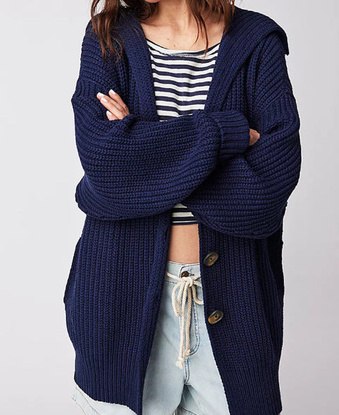 Ladies chunky knit cardigan with hood and trendy button details Lune London