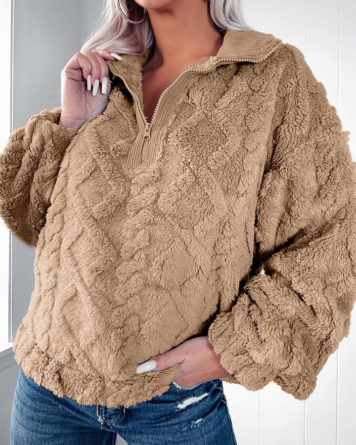 Cozy fleece sweater for women with half-zip and puff sleeves Lune London