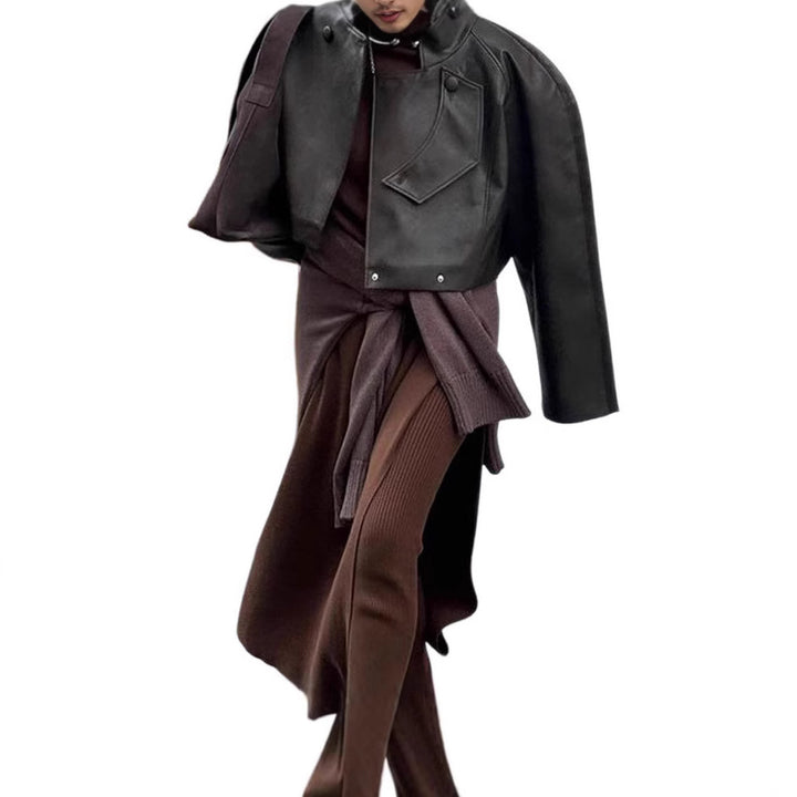 Ladies Elegant Leather Jacket with Textured Design and Asymmetrical Cut Lune London