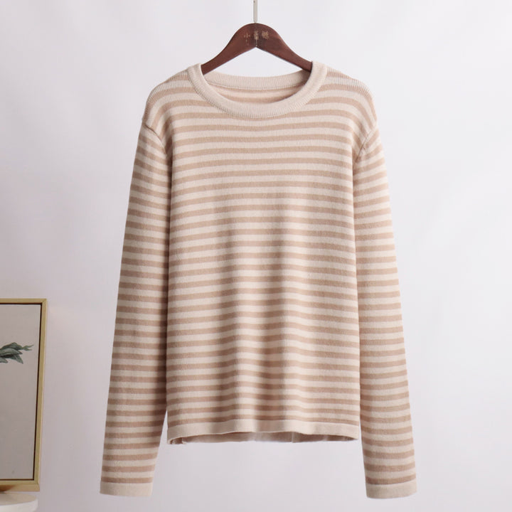 Pull long à manches longues portable pour femmes en mélange de coton doux avec motif rayé Chic & Stil
