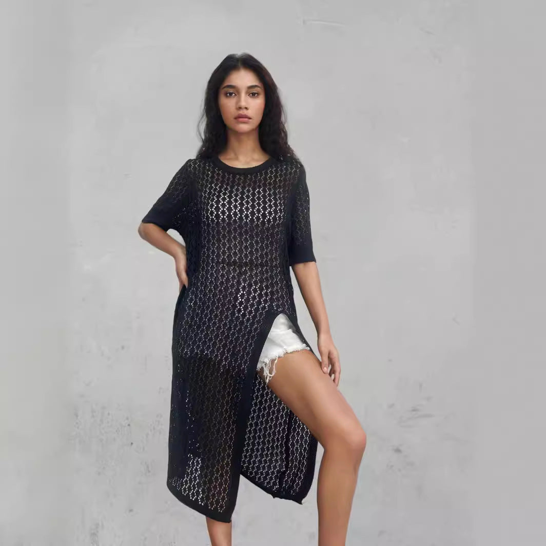 Ladies long knitted kimono with open design and breathable mesh structure Chic and Style