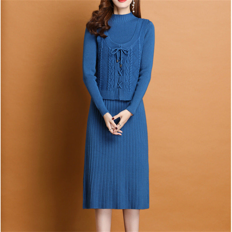 Elegant knitted dress for women with high collar and decorative braid design Lune London