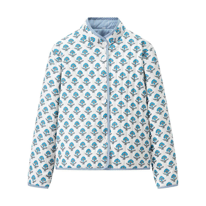 Quilted bomber jacket for women with floral pattern and practical buttons Lune London