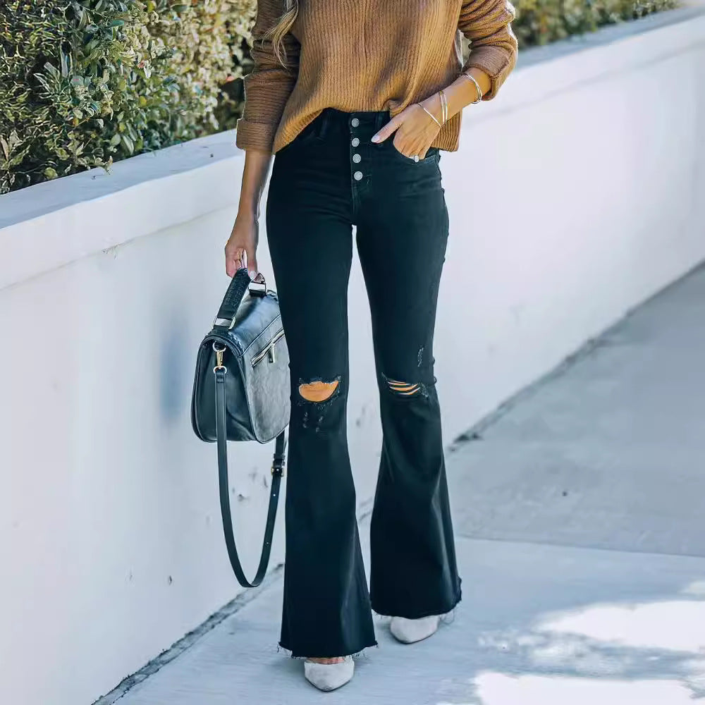 Flared jeans for women with distressed details and high waist Lune London