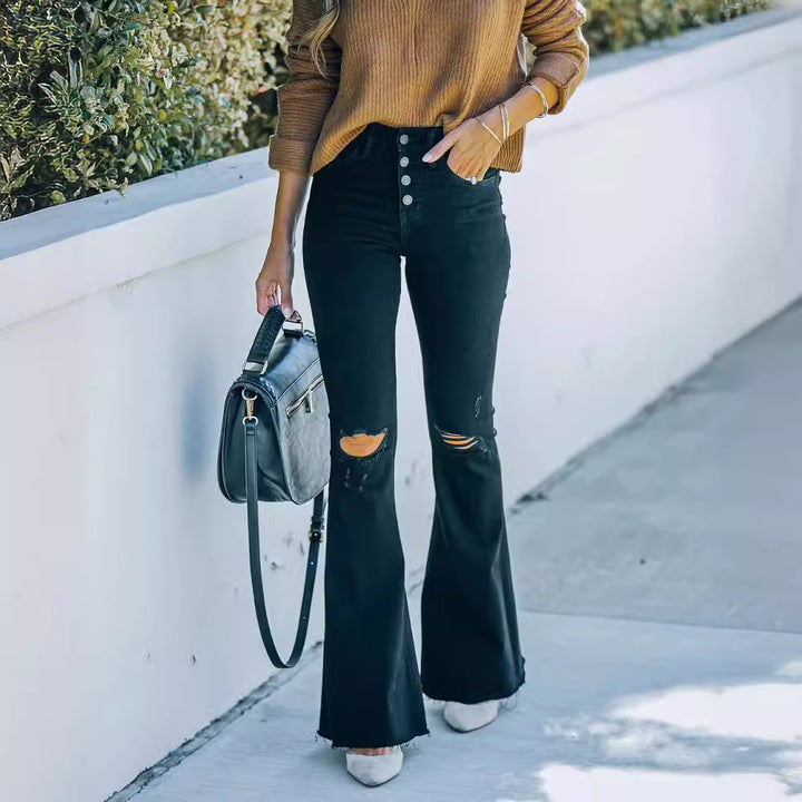 Flared jeans for women with distressed details and high waist Lune London