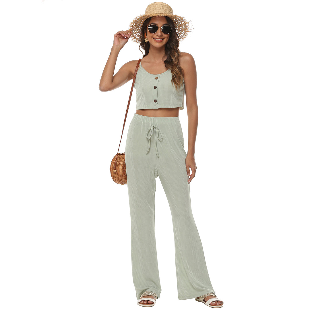 Women Short Ribbed Top and Flared Pants Set Lune London