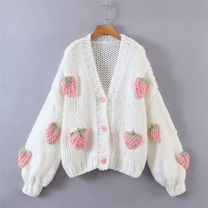 Knitted jacket for women with a fruity design and playful buttons Lune London
