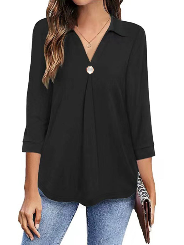 Long sleeve blouse for women with an elegant V neck and decorative pleats Lune London