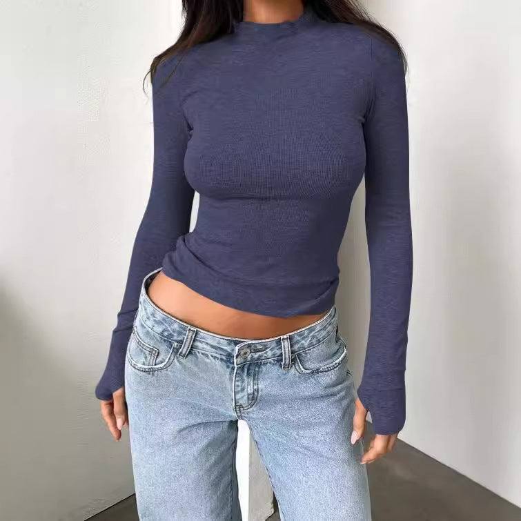 Long sleeve shirt for women with high neck design and fine ribbed texture Lune London