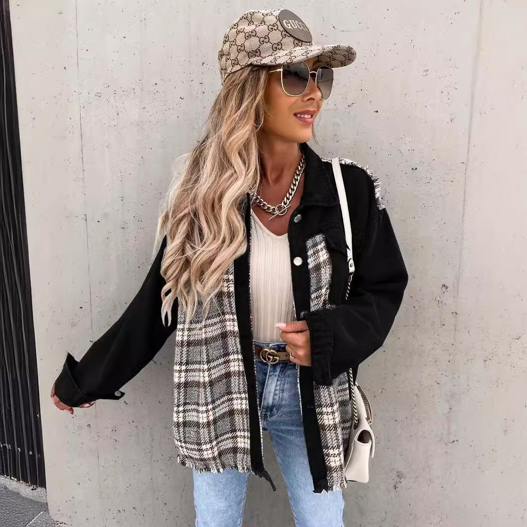 Veste en plaid à carreaux pour femmes avec coupe décontractée et tissus contrastants Chic & Stil