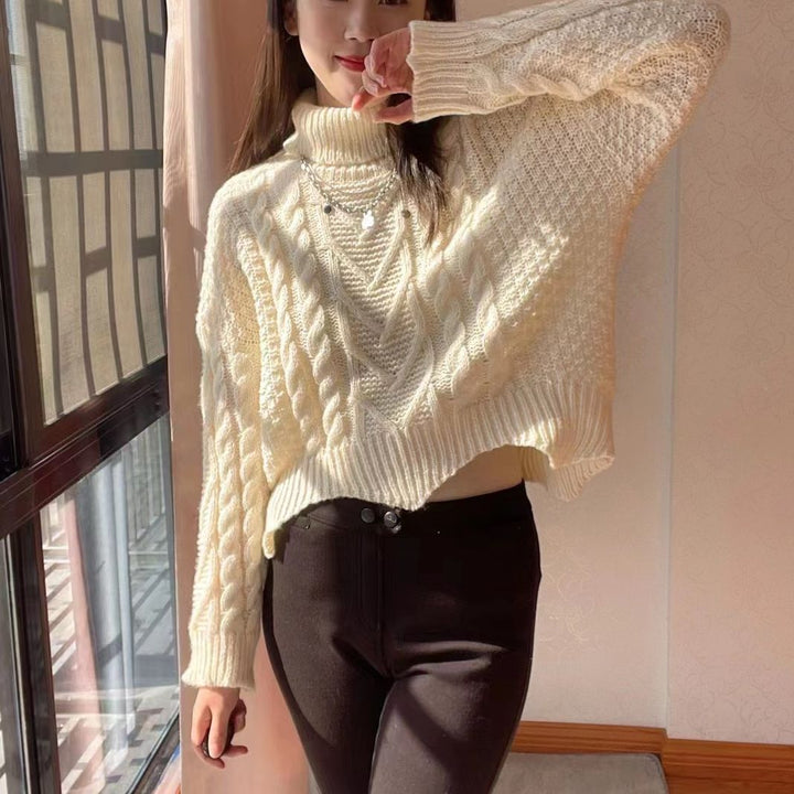 Thick knit pullover for women with high collar and cable pattern Lune London