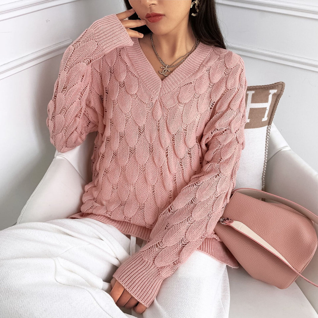 Ladies lightweight knit V-neck sweater with transparent hole pattern Lune London