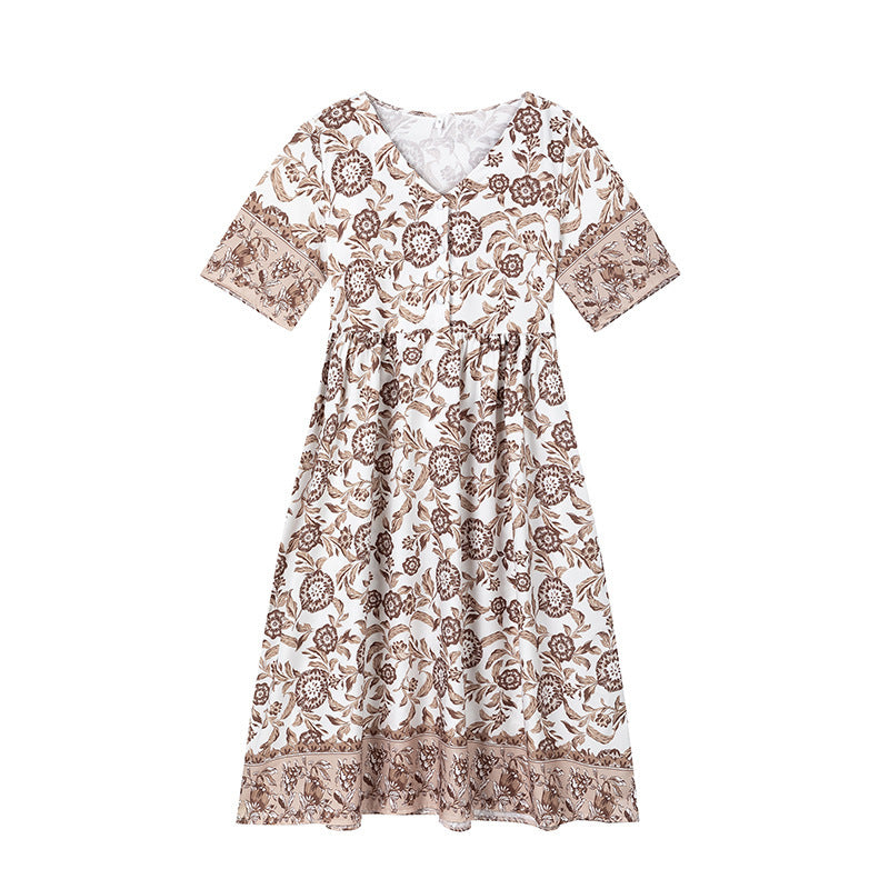 Flared dress with floral patterns for women with pleated waist Lune London