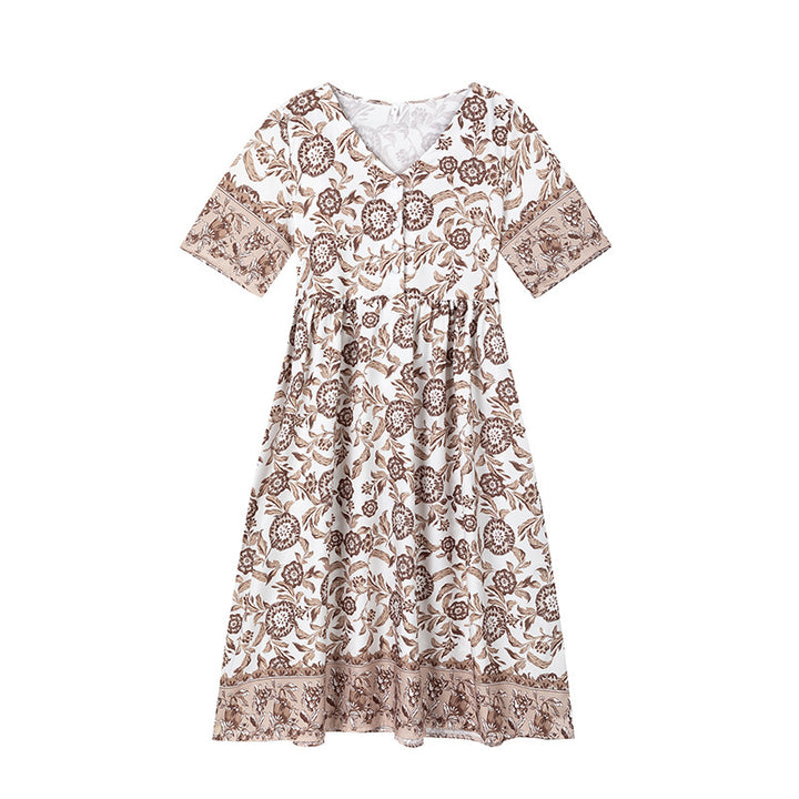 Flared dress with floral patterns for women with pleated waist Lune London
