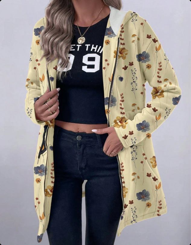 Hooded coat with full zip for women with floral print Lune London