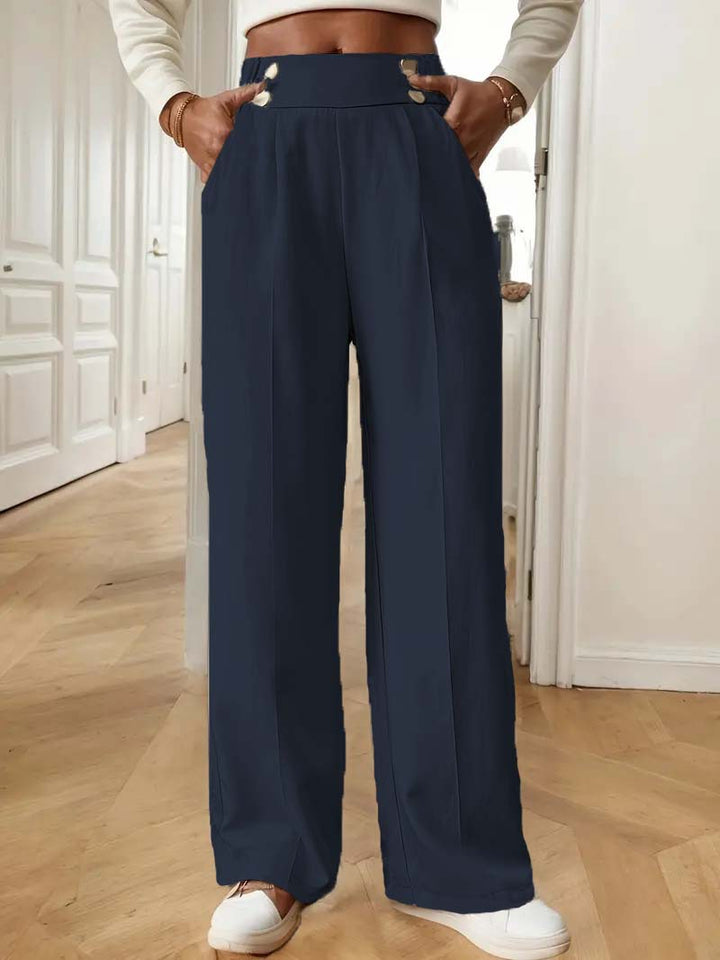 Ladies High-Waisted Wide Leg Pants with Chic and Stylish Button Details