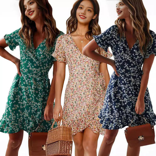 Ladies Floral Wrap Dress with Ruffles Lune London