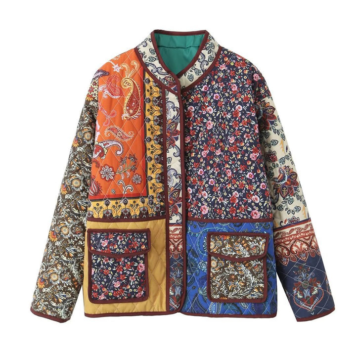Quilted patchwork jacket for women with floral design and practical pockets Lune London