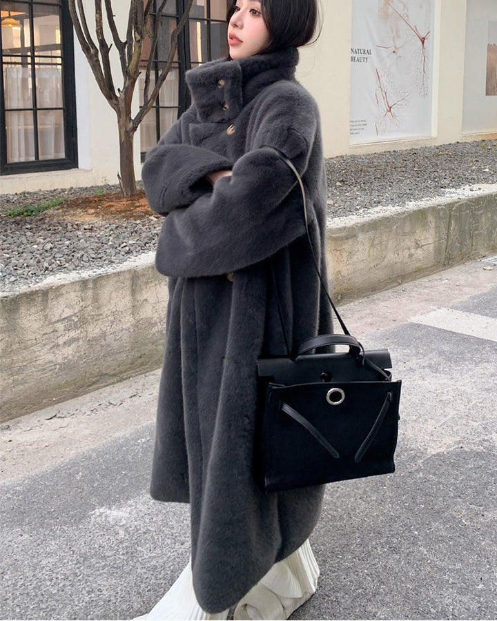 Lune London | Collar Double Breasted Faux Mink Fur Long Coat