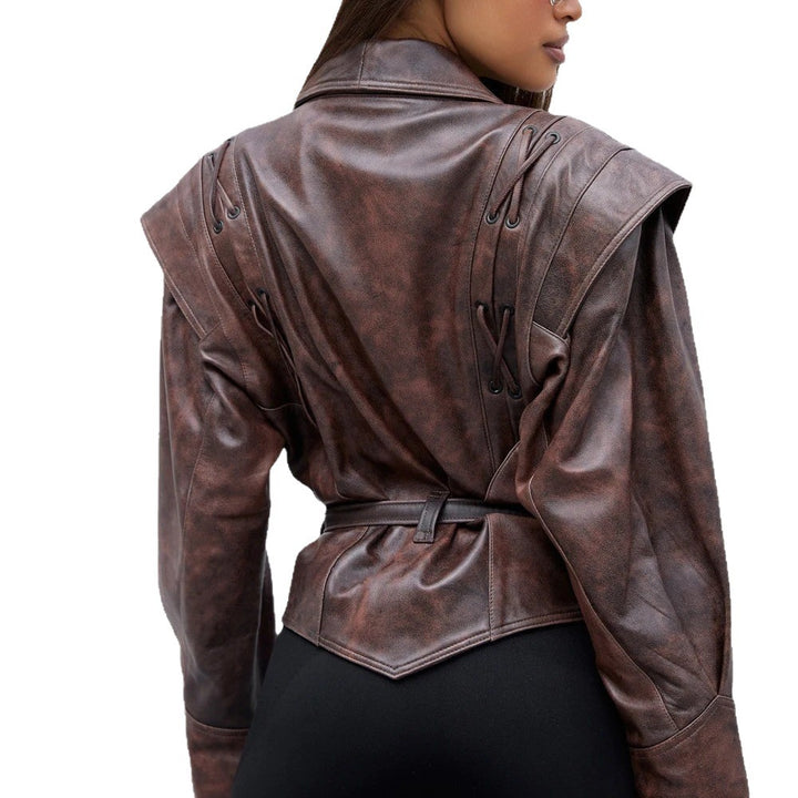 Feminine suede leather jacket with fitted cut and tie belt Lune London
