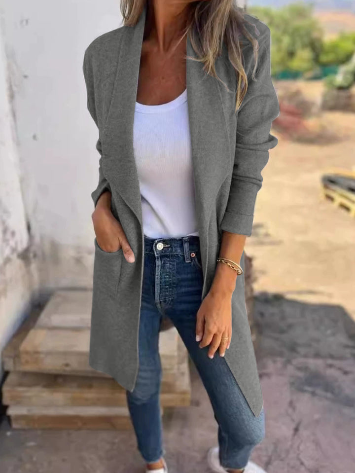Ladies Long Casual Open Cut Jacket with Practical Pockets Lune London