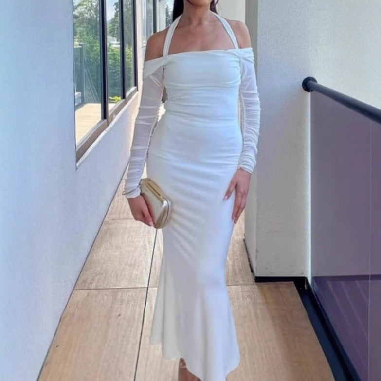 Ladies Elegant Maxi Dress Off-Shoulder with Thin Spaghetti Straps and Chic Transparent Sleeves and Style