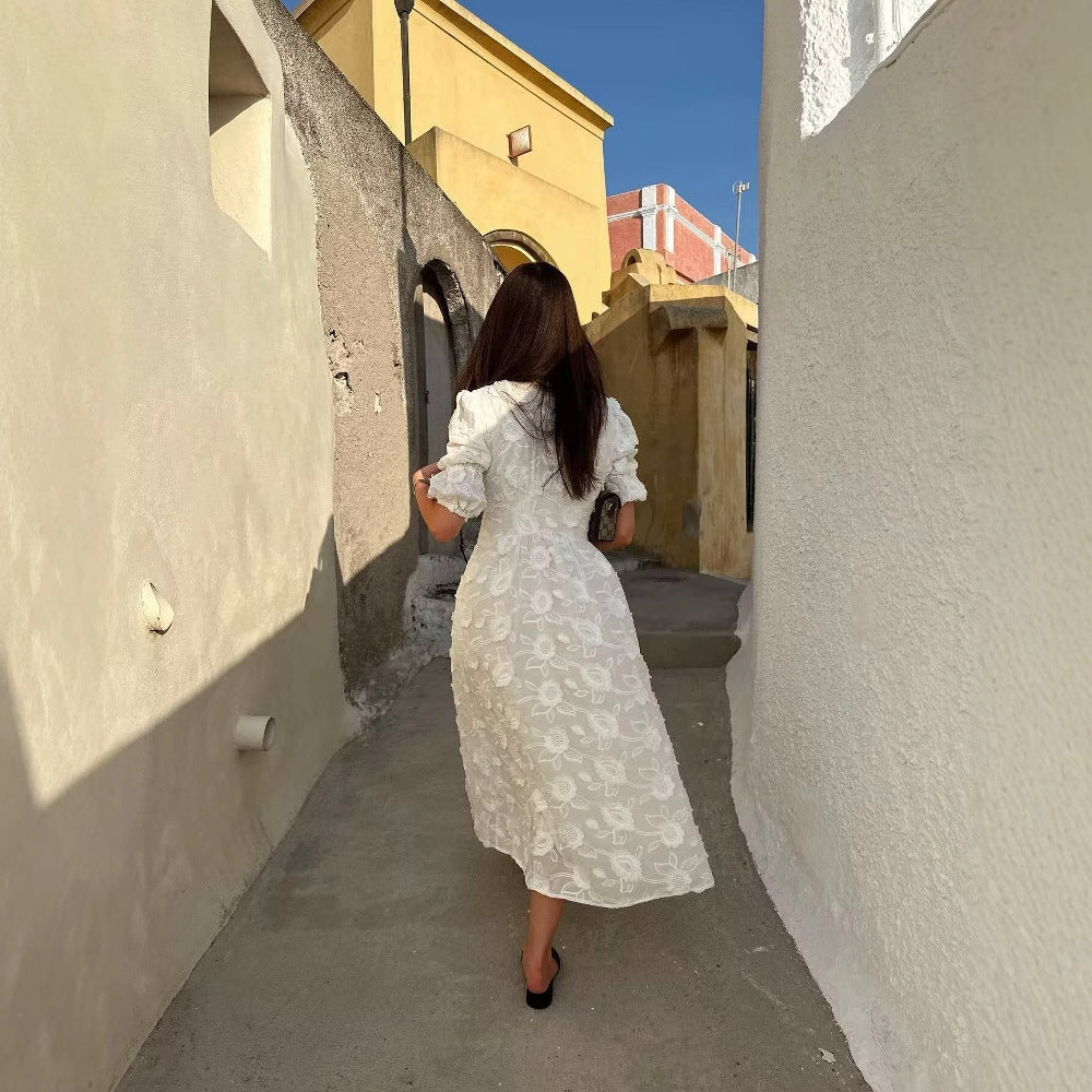 Maxi dress for women with floral embroidery design and elegant puff sleeves Lune London