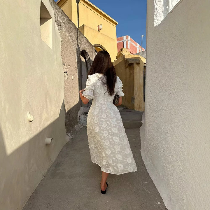 Maxi dress for women with floral embroidery design and elegant puff sleeves Lune London