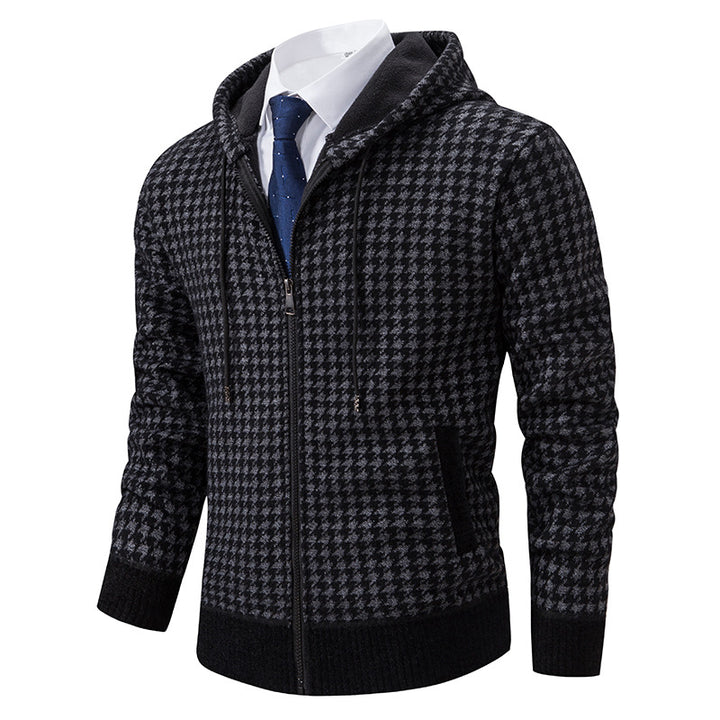 Comfortable knitted sweater for men with a modern check pattern and hood Lune London