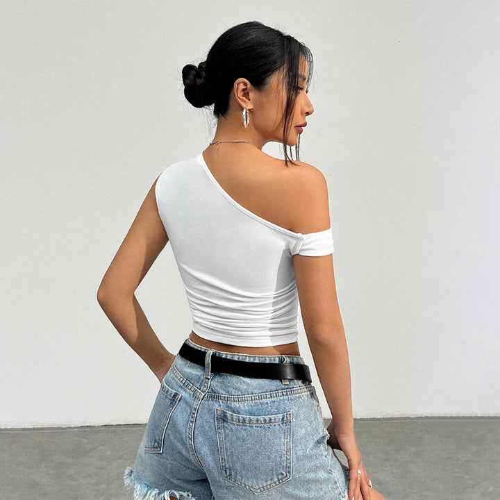Asymmetrical crop top for women with a neckline design and stylish gathered details Chic & Stil
