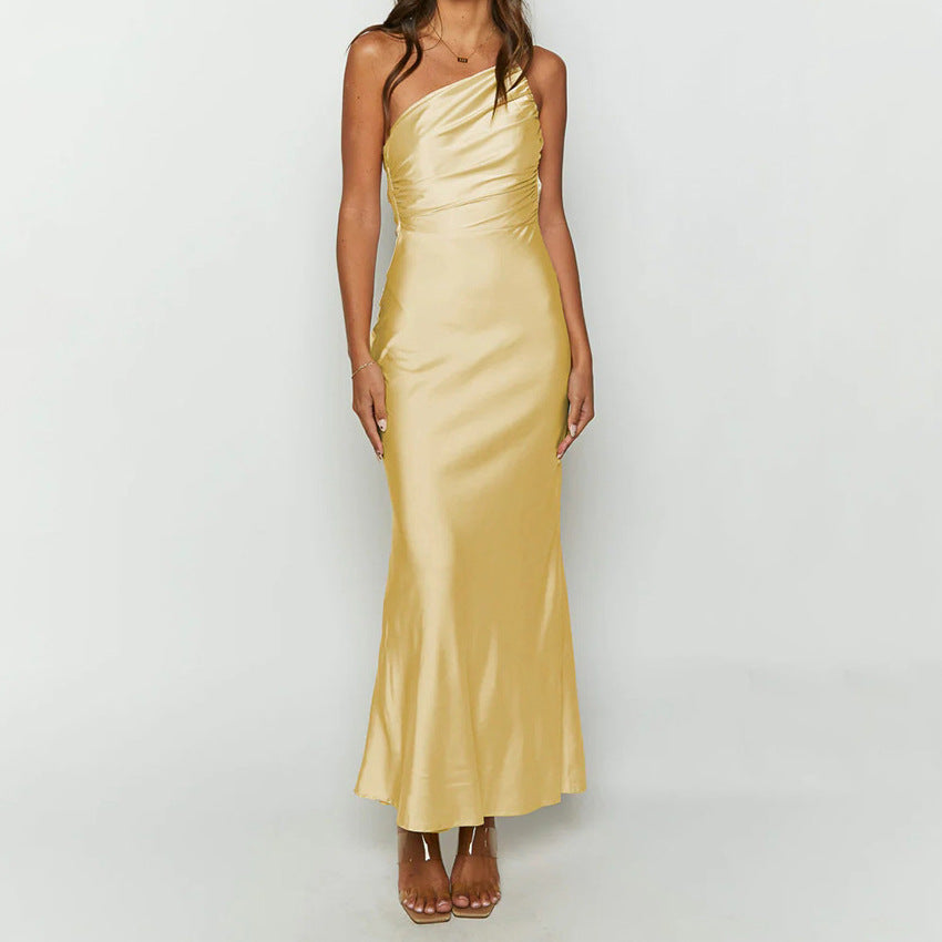 Elegant satin maxi dress for women with asymmetrical strap and refined ruffle details Lune London