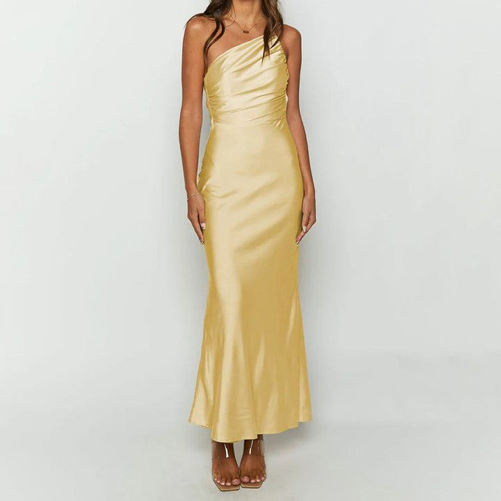 Elegant satin maxi dress for women with asymmetrical strap and refined ruffle details Lune London