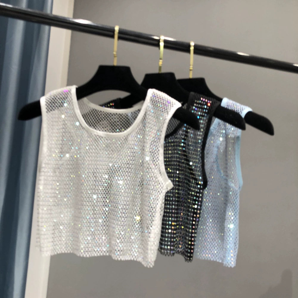 Lune London | Sexy Mesh Flash Diamond Fishnet Vest Nightclub Perspective Hot Girl T-Shirt Top