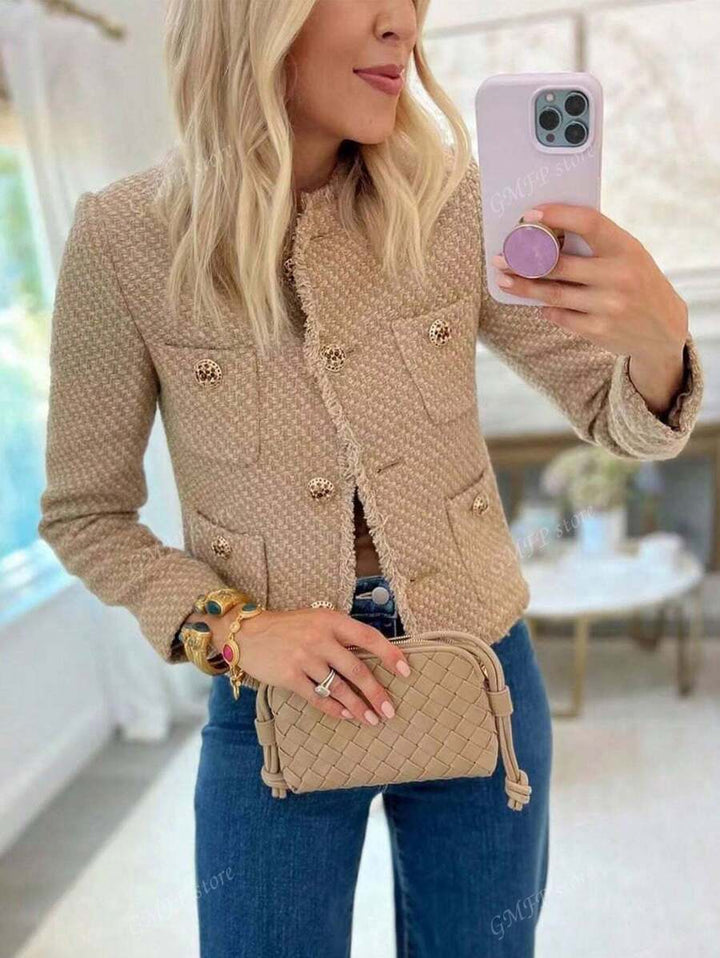 Elegant short jacket for women in textured fabric with button details Lune London