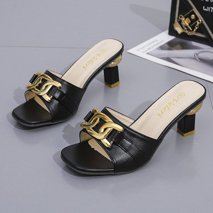 Ladies Mules with Shiny Golden Accent and Comfortable Block Heel Lune London