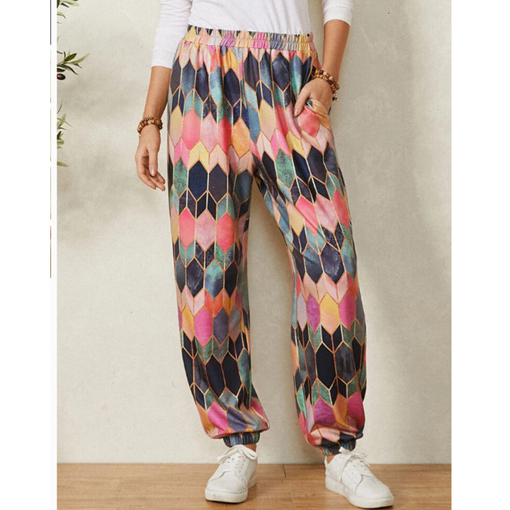Leisure pants for women with modern geometric pattern and elastic waist Lune London