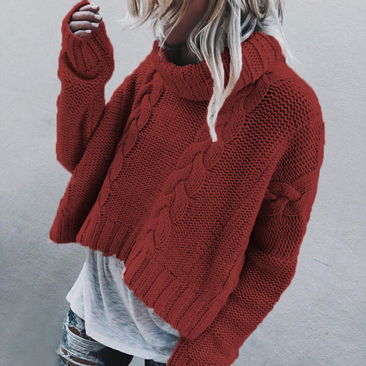 Chunky knit sweater for women with high collar and unique cable pattern Lune London