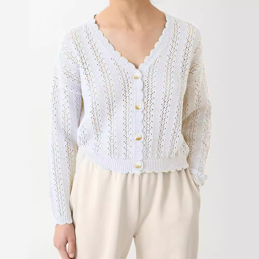 Knitted cardigan for women with feminine ruffles and button details Lune London