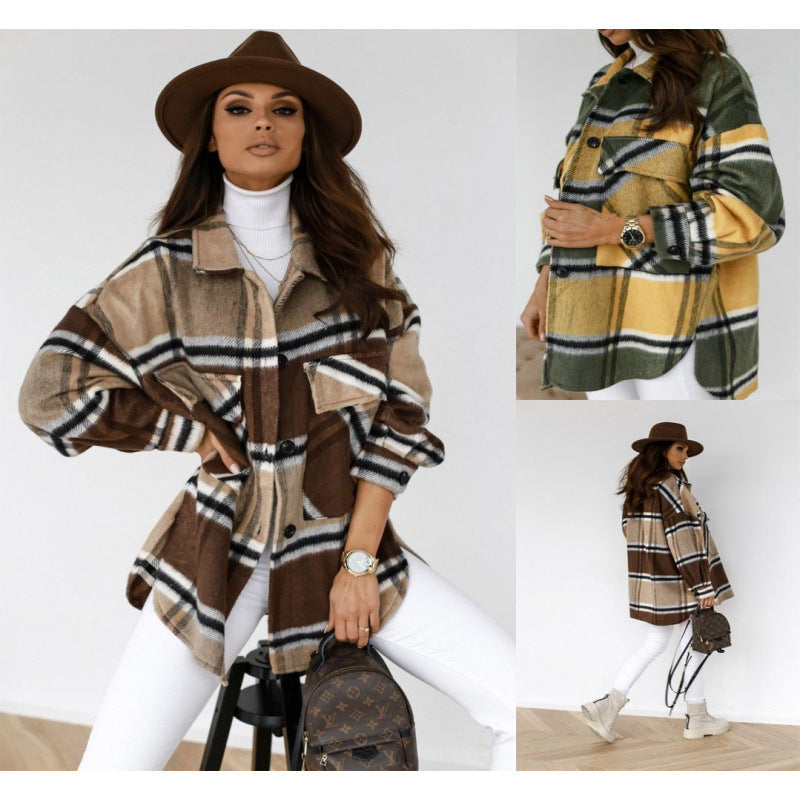 Ladies Oversized Flannel Checkered Jacket with Pockets Lune London